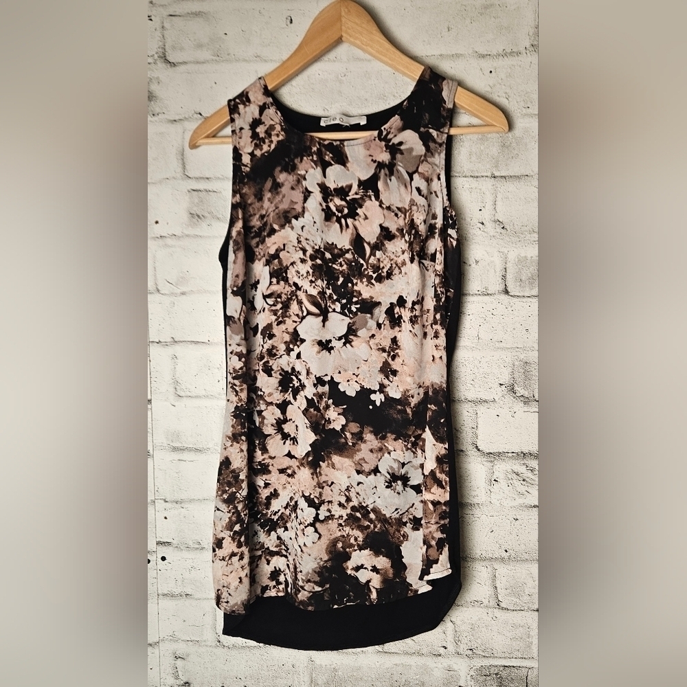Cleo Floral Sleeveless Blouse Black Cream Workwear Top Small